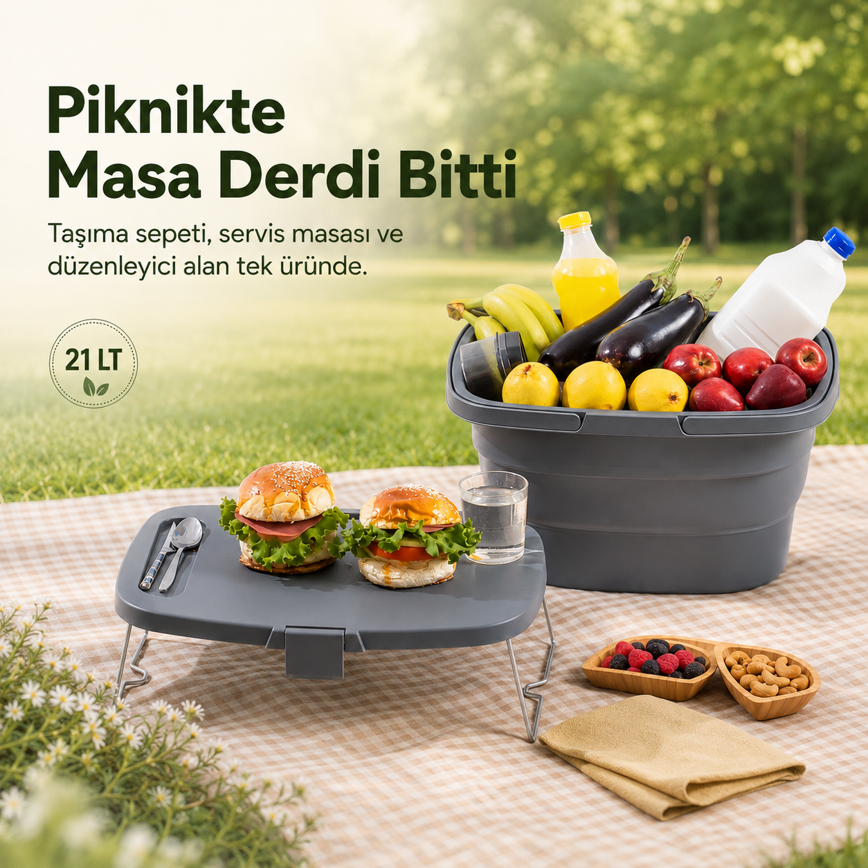 Masalı Katlanabilir Piknik Sepeti - 21 Litre